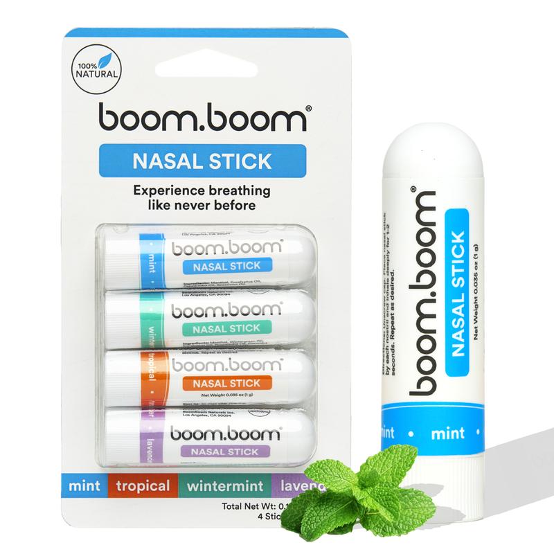 BoomBoom Nasal Stick (4 Pack) | Vapor Flow Technology | Better Breathing + Natural Focus | Cool Refreshing Sensation | Premium Essential Oils + Menthol Inhaler (Mint, Wintermint, Tropical, Spearmint)