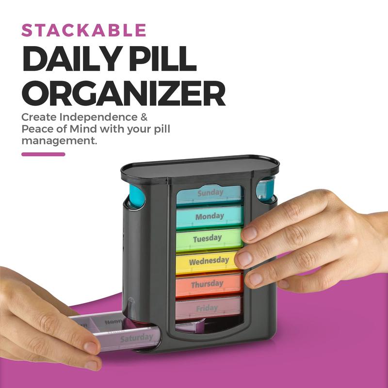 Weekly Pill Organizer, 1 Dispenser, 7 Stackable Compartments Four Times-a-Day - Morning, Noon, Evening, and Bedtime, Black