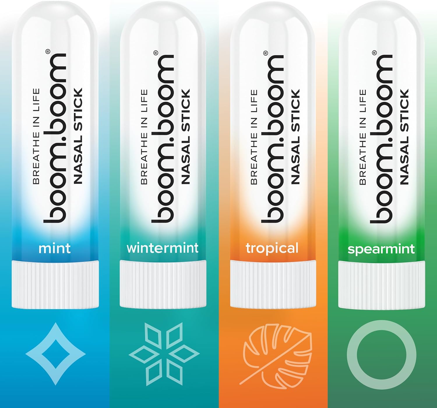 BoomBoom Nasal Stick (4 Pack) | Vapor Flow Technology | Better Breathing + Natural Focus | Cool Refreshing Sensation | Premium Essential Oils + Menthol Inhaler (Mint, Wintermint, Tropical, Spearmint)
