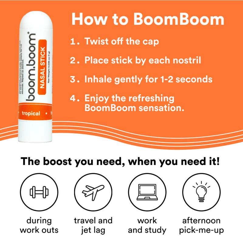 BoomBoom Nasal Stick (4 Pack) | Vapor Flow Technology | Better Breathing + Natural Focus | Cool Refreshing Sensation | Premium Essential Oils + Menthol Inhaler (Mint, Wintermint, Tropical, Spearmint)