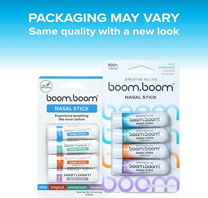 BoomBoom Nasal Stick (4 Pack) | Vapor Flow Technology | Better Breathing + Natural Focus | Cool Refreshing Sensation | Premium Essential Oils + Menthol Inhaler (Mint, Wintermint, Tropical, Spearmint)