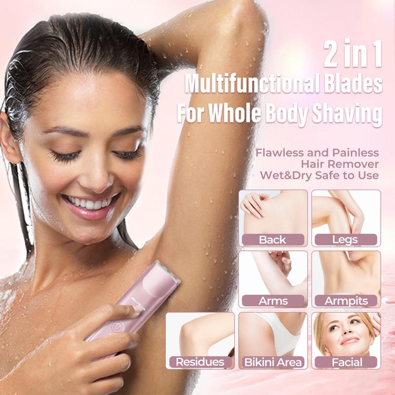 Electric Shaver and Razor Rechargeable 2-in-1 Body and Facial Epilator, Dual Heads for Painless Trimming of Pubic Hair, Face, Underarms and Legs, IPX7 Waterproof. Christmas Gift New Year Gift Shaving Grooming